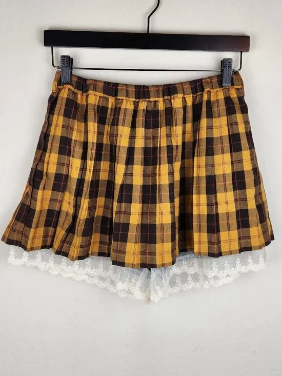 Cupop Japan Yellow Brown Plaid Lace Trim Pleated Mini Skirt Skort sz M - Picture 11 of 11